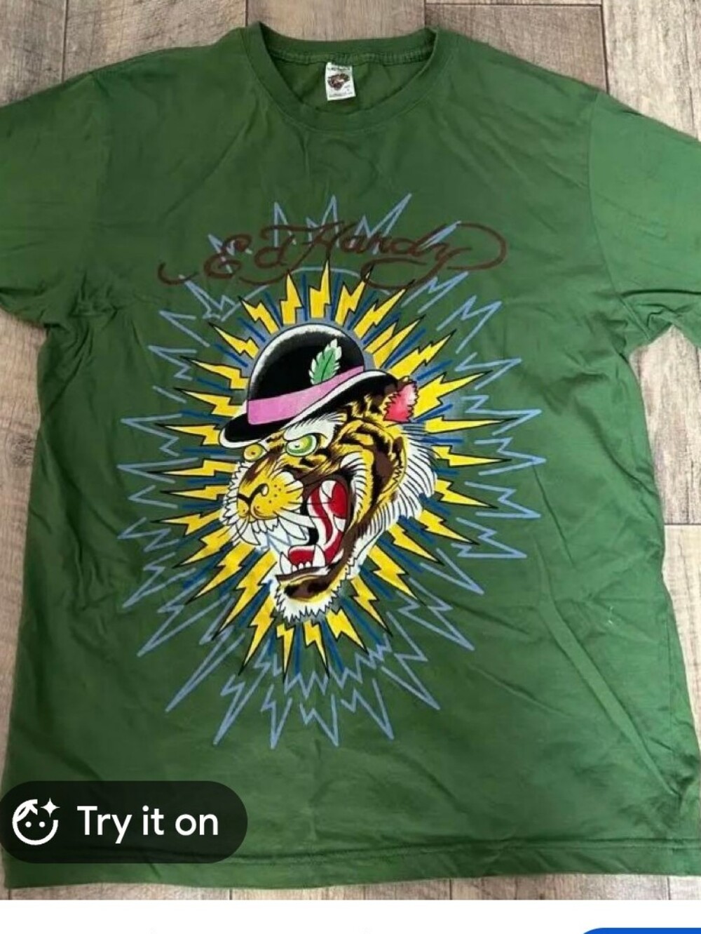 Ed Hardy Green Graphic Tee with Yellow & Pink Tiger Design Size Large New